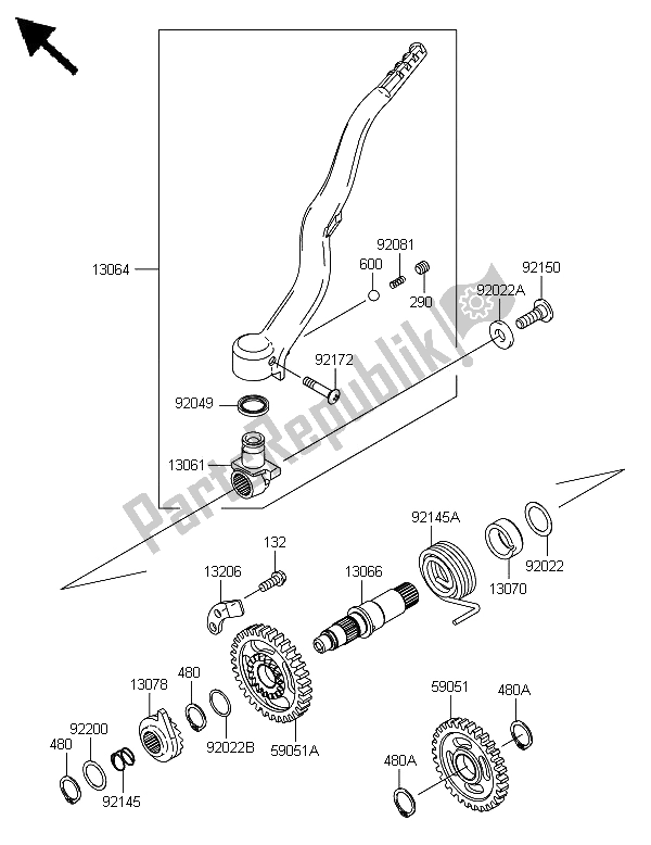 All parts for the Kick Starter Mechanism of the Kawasaki KLX 450 2013