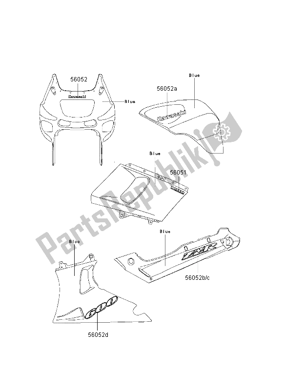 All parts for the Decals (blue) of the Kawasaki ZZR 600 2003