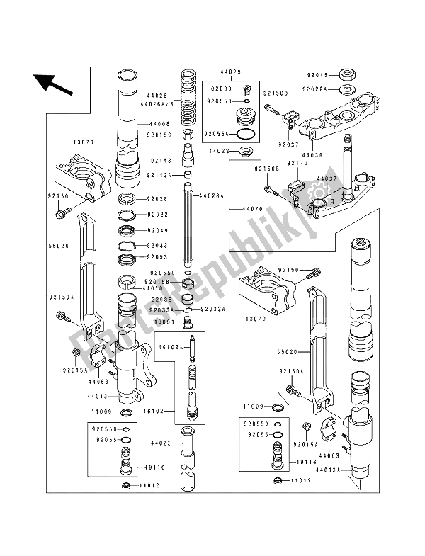 All parts for the Front Fork of the Kawasaki KX 125 1993