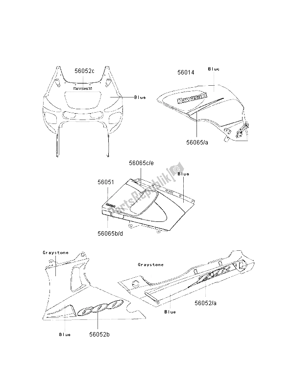 Alle onderdelen voor de Stickers (blauwgrijssteen) van de Kawasaki ZZ R 600 2002