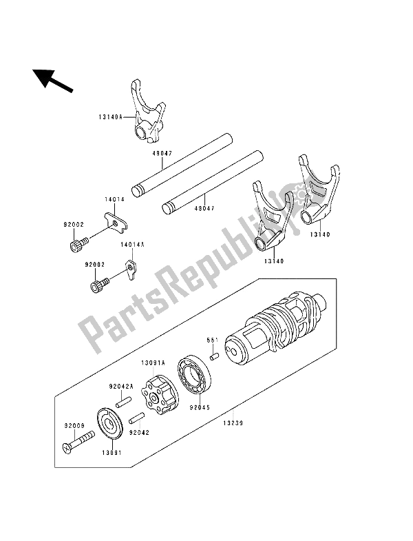 All parts for the Gear Change Drum & Shift Fork(s) of the Kawasaki Zephyr 1100 1993