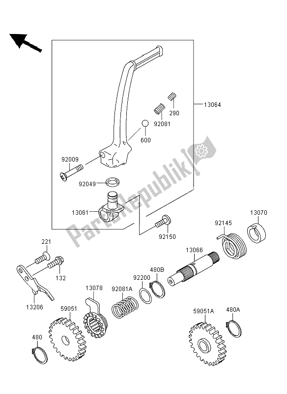 All parts for the Kickstarter Mechanism of the Kawasaki KX 65 2013