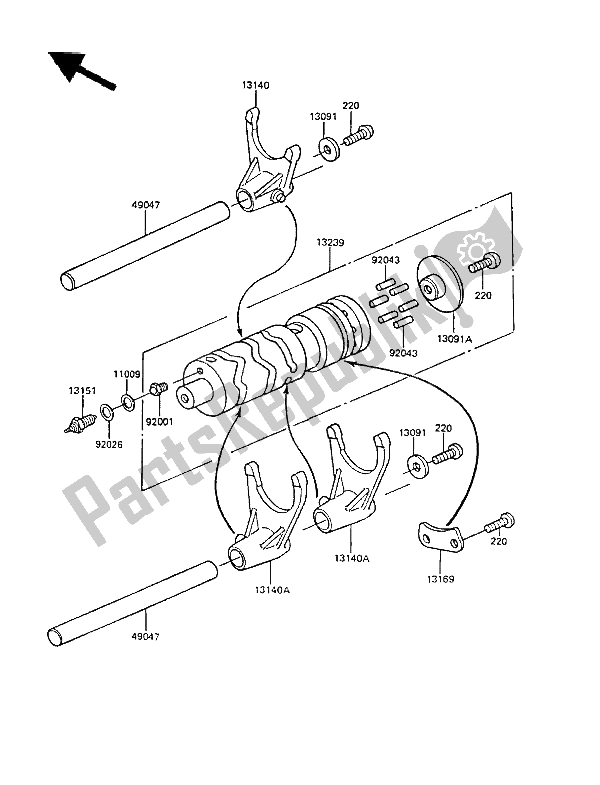 All parts for the Gear Change Drum & Shift Fork(s) of the Kawasaki GPZ 305 Belt Drive 1987