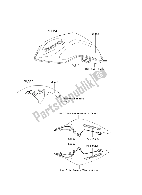 All parts for the Decals (ebony) of the Kawasaki Z 1000 ABS 2009