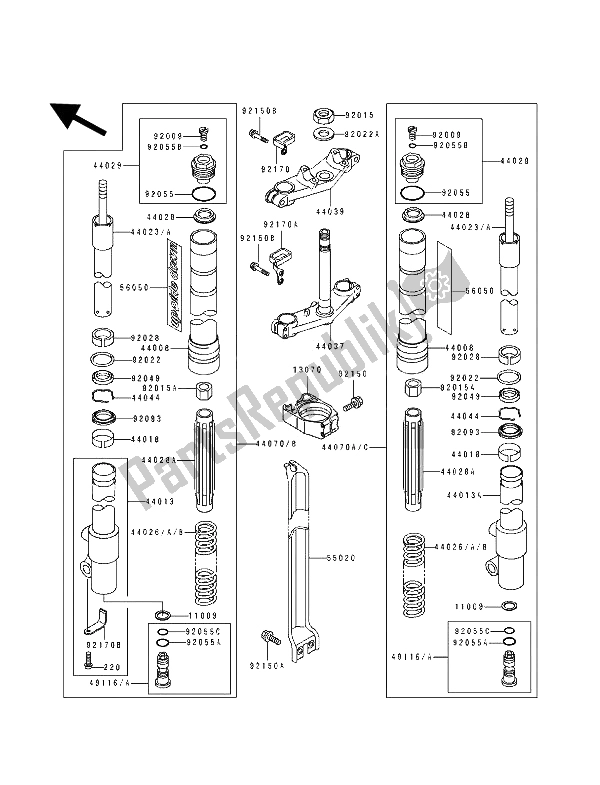All parts for the Front Fork (lw) of the Kawasaki KX 80 SW LW 1993