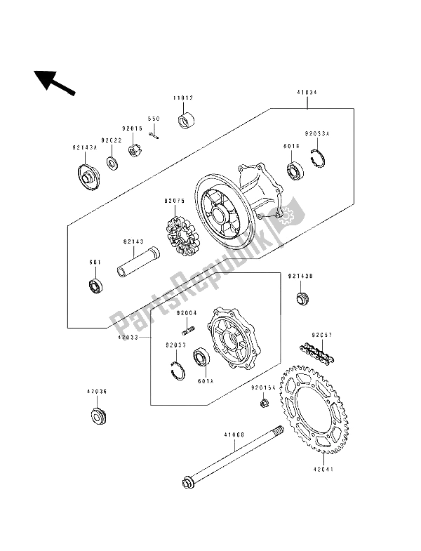 Toutes les pièces pour le Moyeu Arrière du Kawasaki Tengai 650 1989