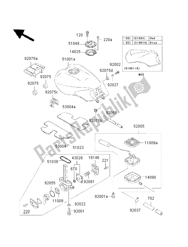 All parts for the Fuel Tank of the Kawasaki 1000 GTR 2002