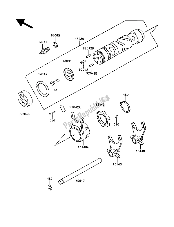 All parts for the Gear Change Drum & Shift Fork(s) of the Kawasaki GT 750 1994