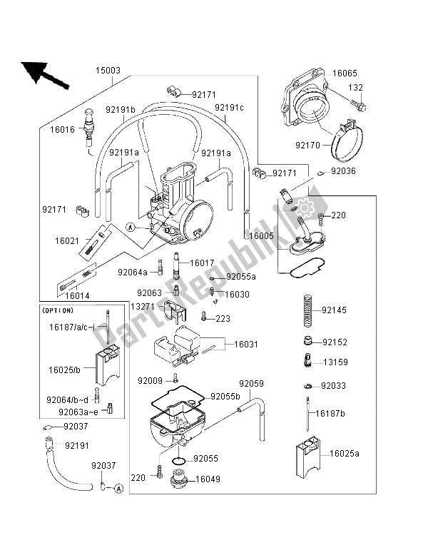 Alle onderdelen voor de Carburator van de Kawasaki KX 125 2001