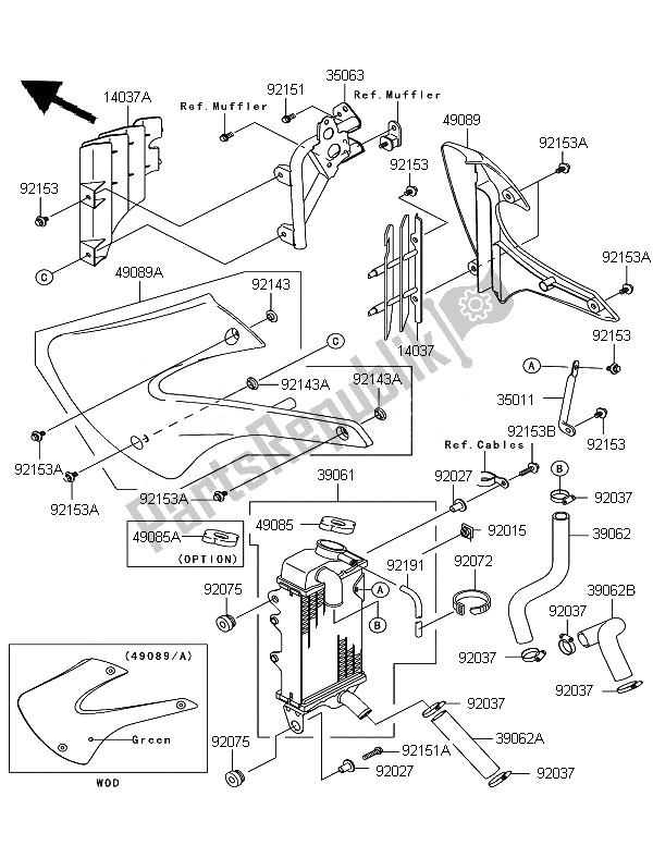 All parts for the Radiator of the Kawasaki KX 85 SW LW 2007