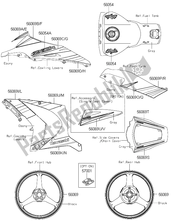 All parts for the Decals (ebony) of the Kawasaki Ninja ZX 10R 1000 2015