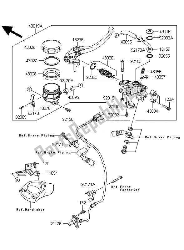 Alle onderdelen voor de Voorste Hoofdcilinder van de Kawasaki ZZR 1400 ABS 2010
