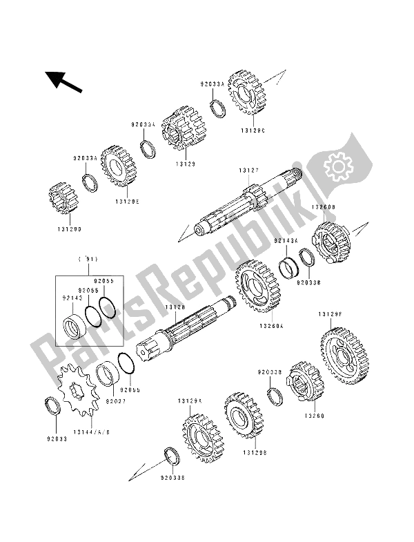 All parts for the Transmission of the Kawasaki KX 125 1990