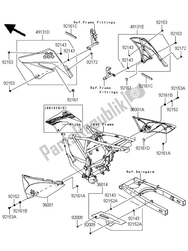 Alle onderdelen voor de Zijafdekkingen En Kettingafdekking van de Kawasaki D Tracker 125 2012
