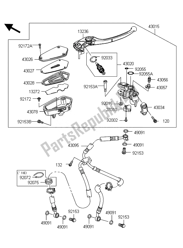 Alle onderdelen voor de Voorste Hoofdcilinder van de Kawasaki Z 1000 2010