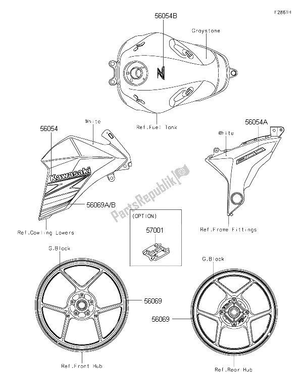 Todas as partes de Decalques (branco) do Kawasaki Z 800 2015