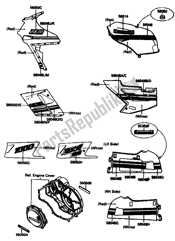 All parts for the Decal (red-white) of the Kawasaki ZX 10 1000 1989