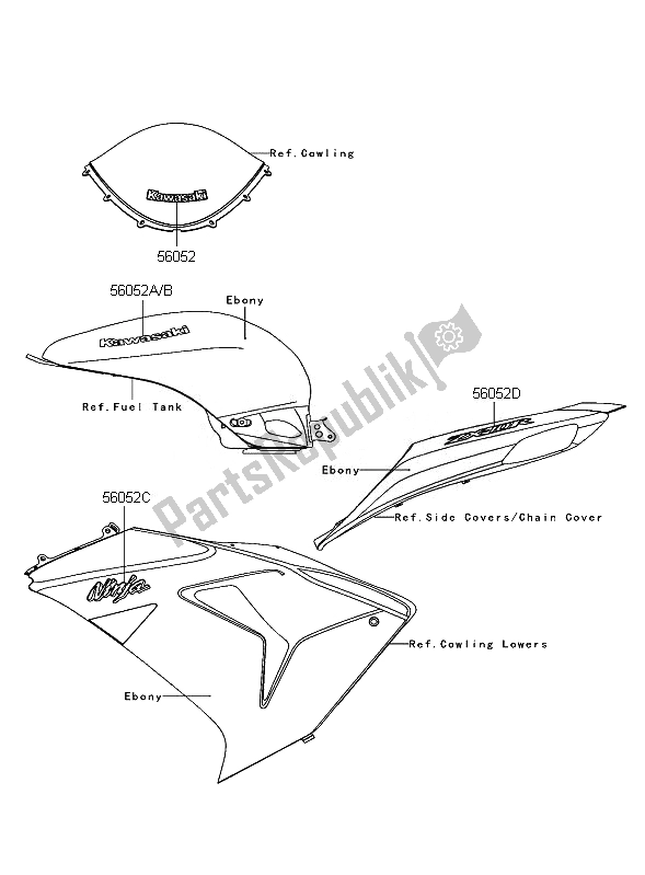 All parts for the Decals (ebony) of the Kawasaki Ninja ZX 10R 1000 2007