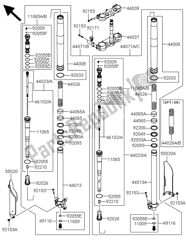 All parts for the Front Fork of the Kawasaki KX 450F 2009