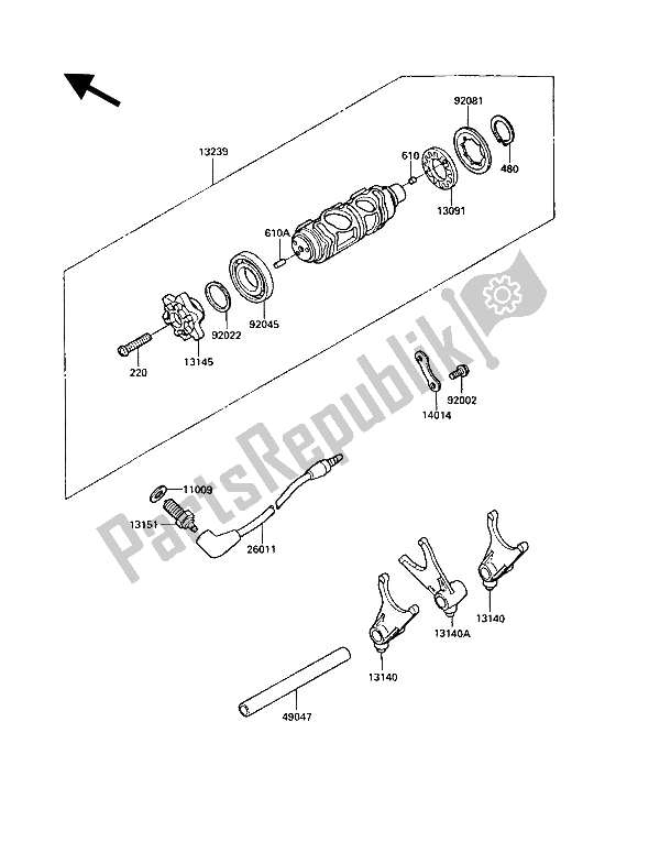 All parts for the Gear Change Drum & Shift Fork(s) of the Kawasaki VN 750 Twin 1988