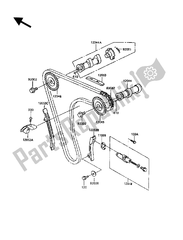 Alle onderdelen voor de Nokkenas (sen) En Spanner van de Kawasaki KLR 600 1989