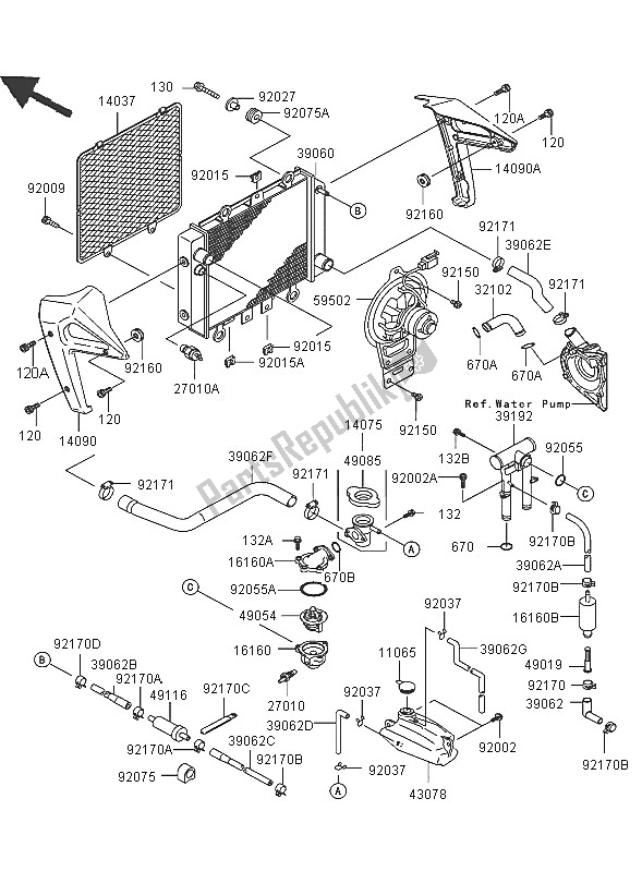 All parts for the Radiator of the Kawasaki ER 5 500 2005