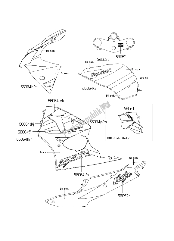 All parts for the Decals (green-black) of the Kawasaki Ninja ZX 6R 600 2001