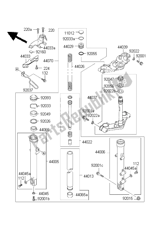 All parts for the Front Fork of the Kawasaki EL 252 2001