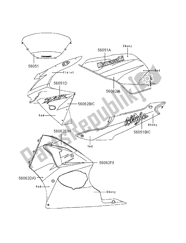 Todas las partes para Calcomanías (ébano-gris-azul) de Kawasaki Ninja ZX 6R 600 1998