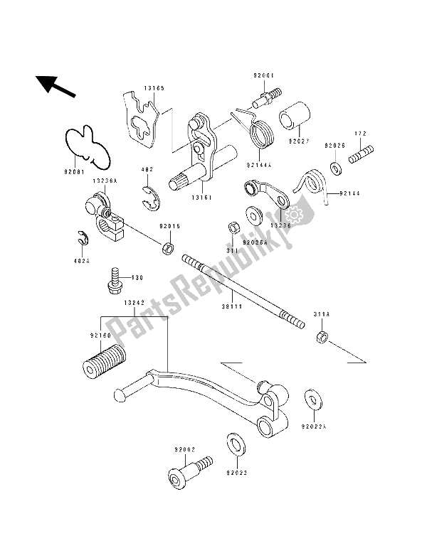 All parts for the Gear Change Mechanism of the Kawasaki KLE 500 1992