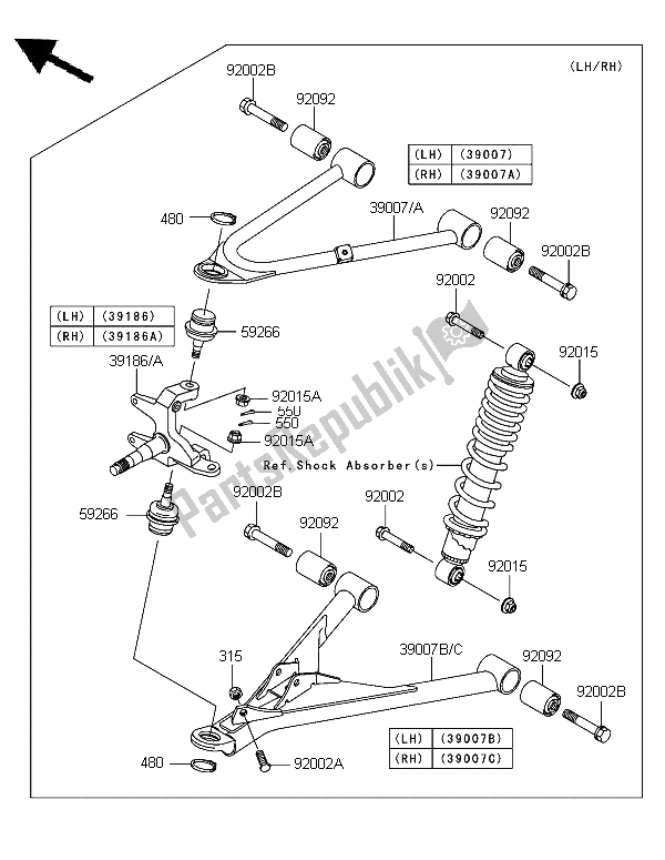 Alle onderdelen voor de Voorvering van de Kawasaki KLF 300 2006
