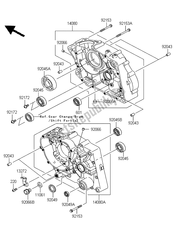 All parts for the Crankcase of the Kawasaki D Tracker 125 2012