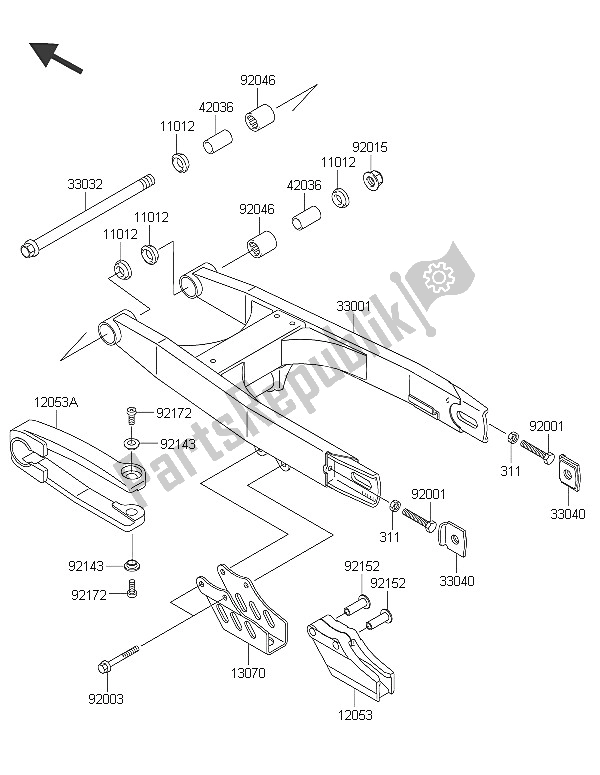 All parts for the Swingarm of the Kawasaki KX 65 2016