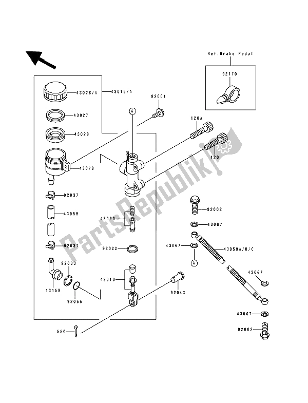 All parts for the Rear Master Cylinder of the Kawasaki Zephyr 550 1991