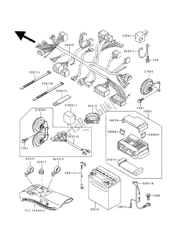 Alle onderdelen voor de Chassis Elektrische Apparatuur van de Kawasaki EN 500 1994