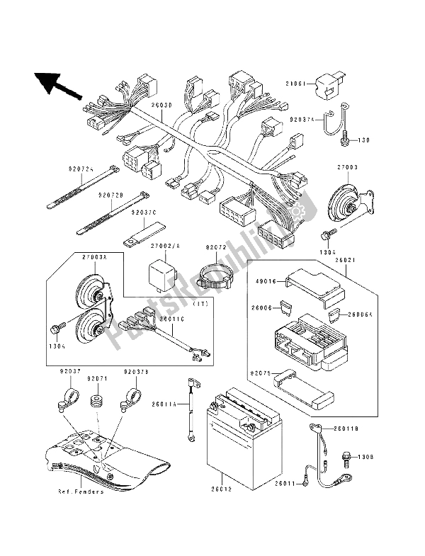 Alle onderdelen voor de Chassis Elektrische Apparatuur van de Kawasaki EN 500 1994