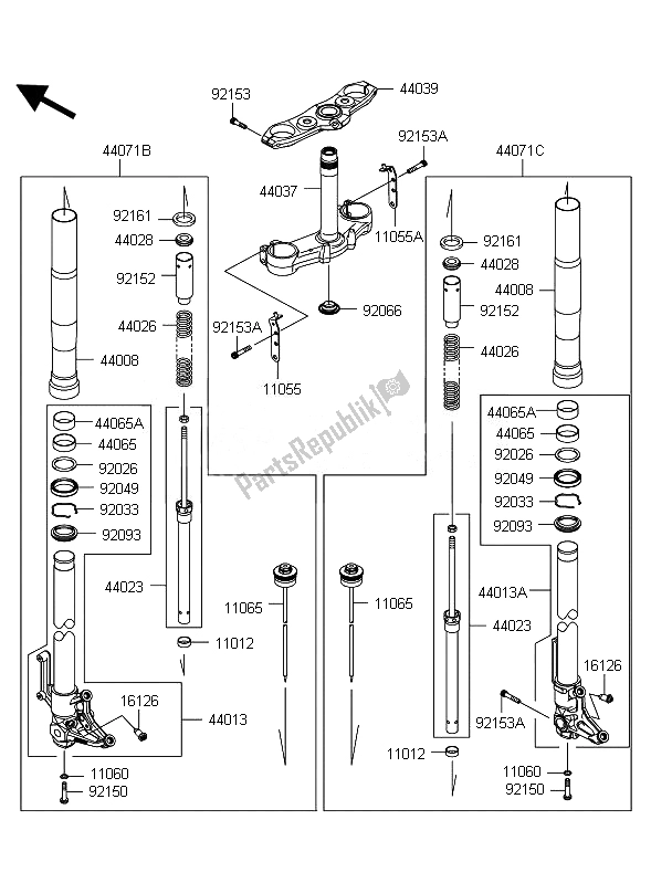 All parts for the Front Fork of the Kawasaki Z 1000 2010