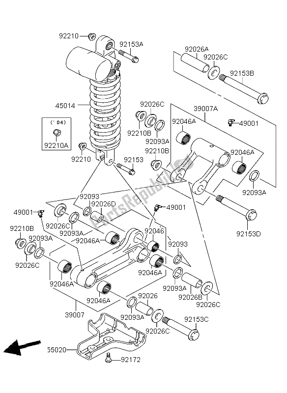 Alle onderdelen voor de Achtervering van de Kawasaki KFX 400 2004