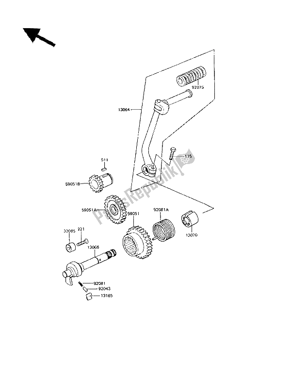 All parts for the Kickstarter Mechanism of the Kawasaki KE 100 1987