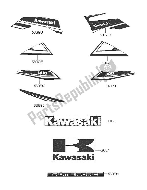 Tutte le parti per il Decalcomanie (bianco) del Kawasaki Brute Force 300 2016