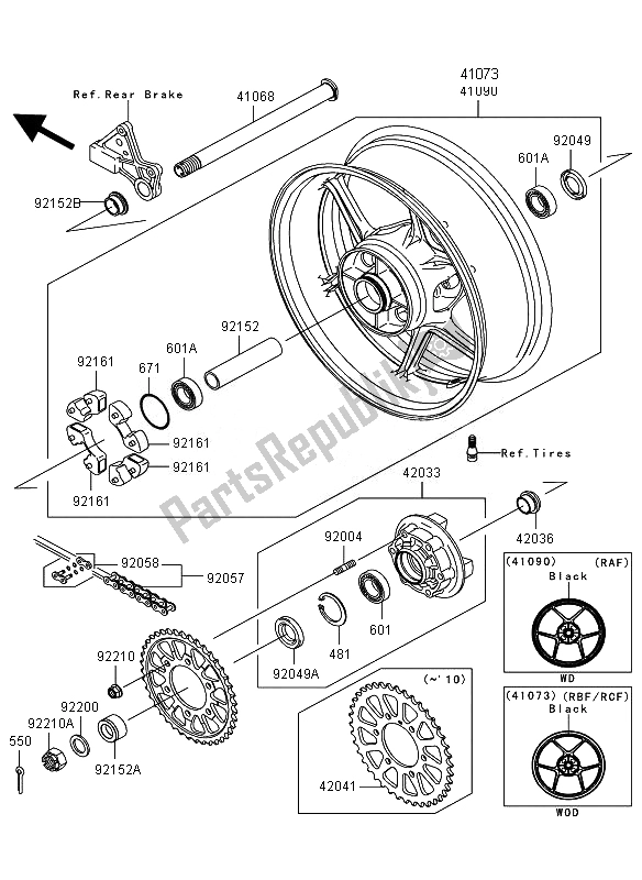 All parts for the Rear Hub of the Kawasaki Ninja ZX 6R 600 2010