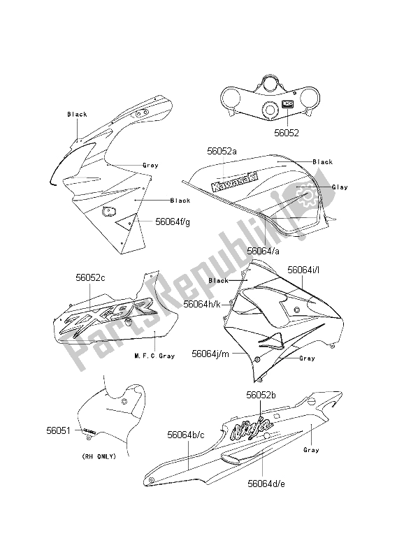 All parts for the Decals (gray-black) of the Kawasaki Ninja ZX 9R 900 2001