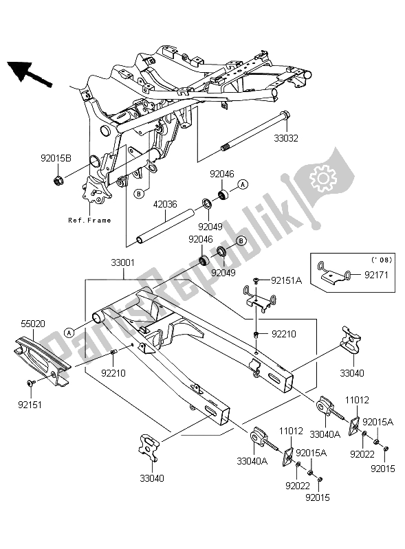 All parts for the Swingarm of the Kawasaki Ninja 250R 2008