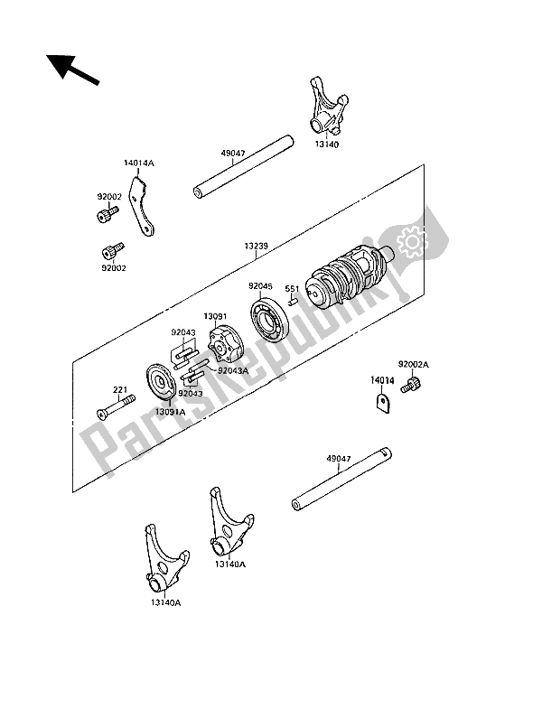 All parts for the Gear Change Drum & Shift Fork(s) of the Kawasaki GPX 750R 1987