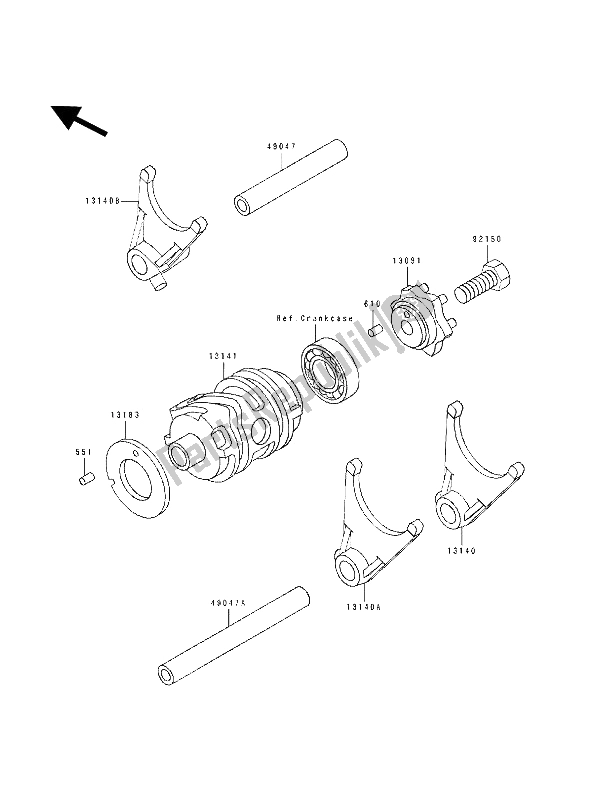 All parts for the Change Drum & Shift Fork of the Kawasaki KDX 250 1991
