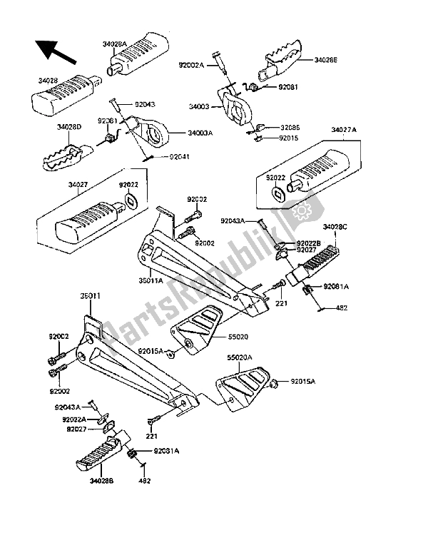 Alle onderdelen voor de Voetsteunen van de Kawasaki KLR 600 1989