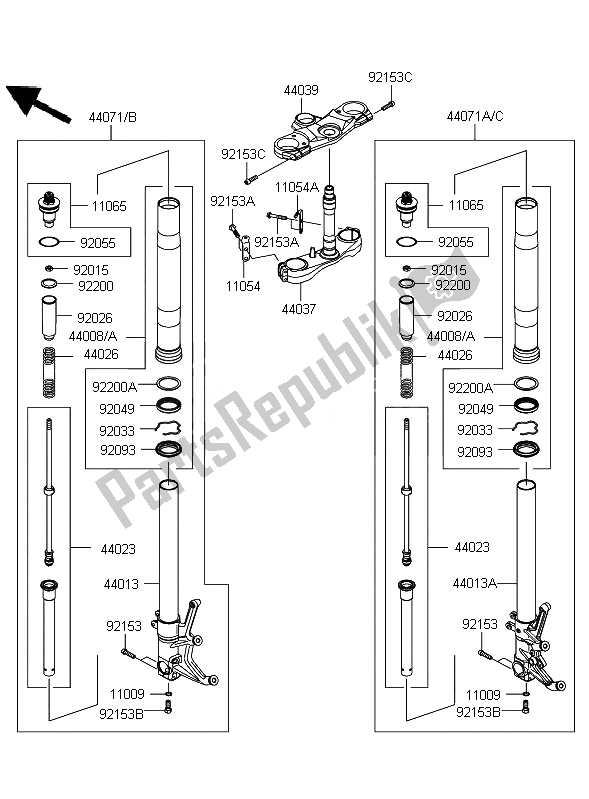 Alle onderdelen voor de Voorvork van de Kawasaki ZZR 1400 ABS 2010