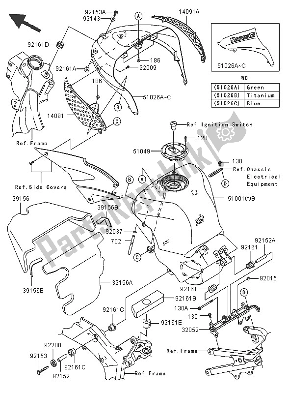 All parts for the Fuel Tank of the Kawasaki Ninja ZX 6R 600 2005