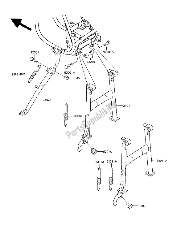 Alle onderdelen voor de Stand (en) van de Kawasaki GPZ 305 Belt Drive 1988