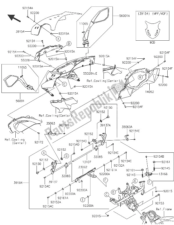 All parts for the Cowling (upper) of the Kawasaki Z 1000 SX ABS 2016